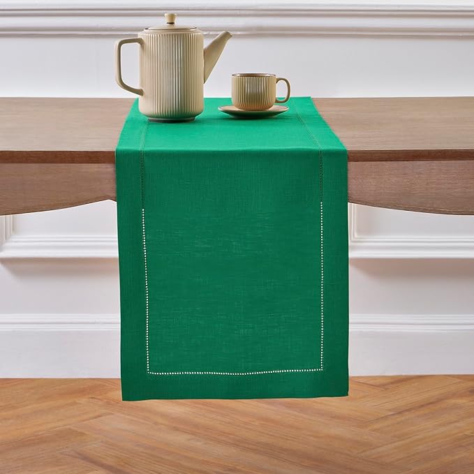 Solino Home Linen Hemstitch Table Runner 120 Inches Long - 100% Pure Linen Emerald Green Table Runner 14 x 120 Inch - Classic Hemstitch