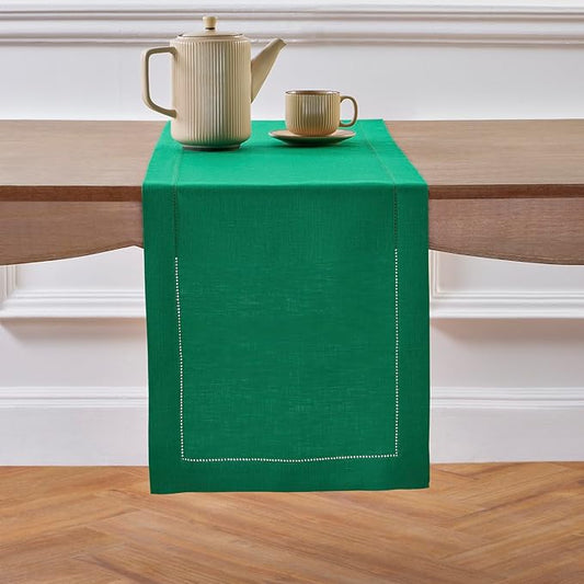 Solino Home Linen Emerald Green Hemstitch Table Runner 36 Inches - 100% Pure Linen Small Table Runner 14 x 36 Inch Ideal for Dresser and Coffee Tables - Classic Hemstitch