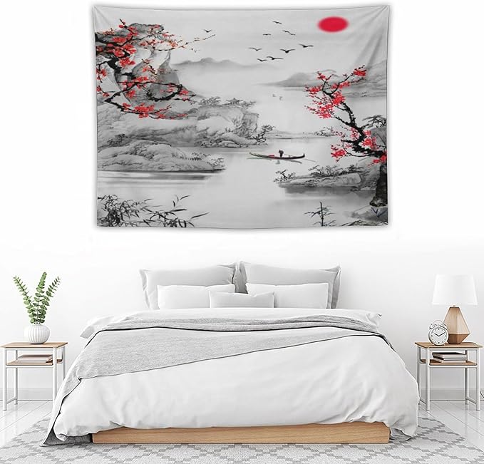 Cherry Blossoms Tapestry, Japanese Red Landscape Watercolor Abstract Art, Asian Japanese Wall Tapestry, Nature Landscape Tapestries for Bedroom Living Room Decor 40"x30"