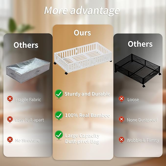 Bamboo Under Bed Storage with Wheels (2-Pack) – Rolling Underbed Shoe Organizer Box for Shoes, Blankets, Toys, Clothes Container Space-Saving Organizer Bins for Bedroom, Closet, Dorm, Nursery