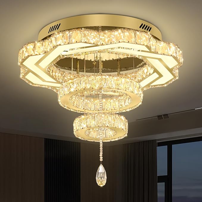 Flashing God Modern Crystal Chandeliers Dia 24" Gold Chandelier Flush Mount Ceiling Light for Bedroom Living Room Dining Room Hallway Dimmable 3 Rings LED Celing Lighting Fixtures