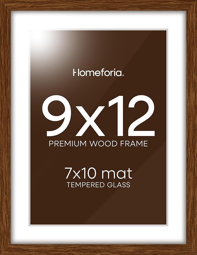 Homeforia 9x12 Picture Frame Brown, High End Dark Oak 9 x 12 Walnut Wooden Frames with Mat 7 by 10 Photo, 12x9 Wood Frame Matted to 7x10 Art, Wall or Tabletop Frame, Tempered Glass, Wall Kit, Set of 1
