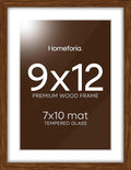 Homeforia 9x12 Picture Frame Brown, High End Dark Oak 9 x 12 Walnut Wooden Frames with Mat 7 by 10 Photo, 12x9 Wood Frame Matted to 7x10 Art, Wall or Tabletop Frame, Tempered Glass, Wall Kit, Set of 1