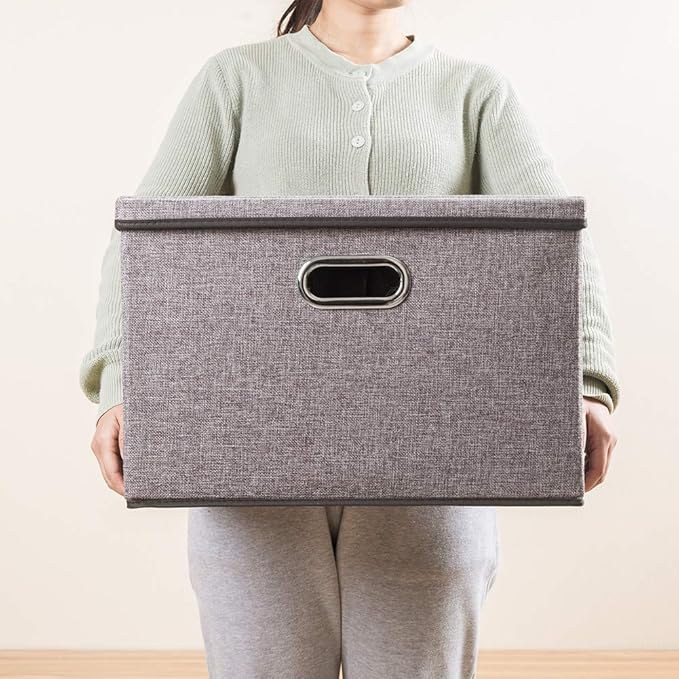 PRANDOM Large Foldable Storage Bin with Lid [1-Pack] Linen Fabric Decorative Storage Box Organizer Containers Basket Cube with Handles Divider for Bedroom Closet Office Living Room (17.7x11.8x11.8)