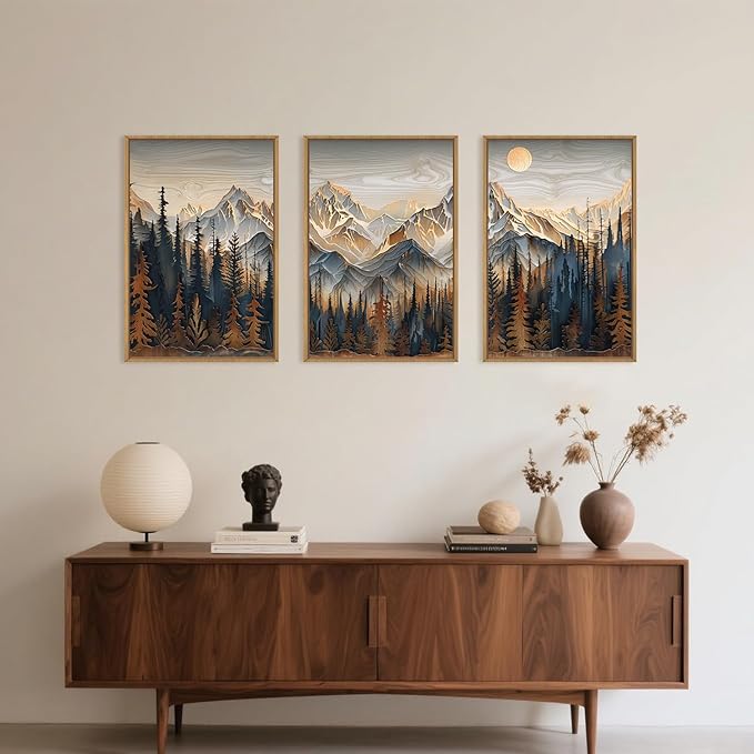 Celestdeco Wood Mountain Framed Canvas Wall Art Set, Pine Trees Wall Painting, Ridge Scenery Wall Decor, Natural Sun Landscape Art Print for Living Room, Bedroom, Dining Room, Office - 24"x36"x3