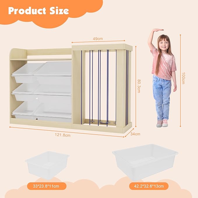 Kids Toy Storage Organizer with 6 Removable Plastic Bins Toddler Montessori Bookshelf with Stuffed Animal Net Holder Baby Bookcase Plush Organizer for Playroom,Bedroom,Kids Room,Classroom