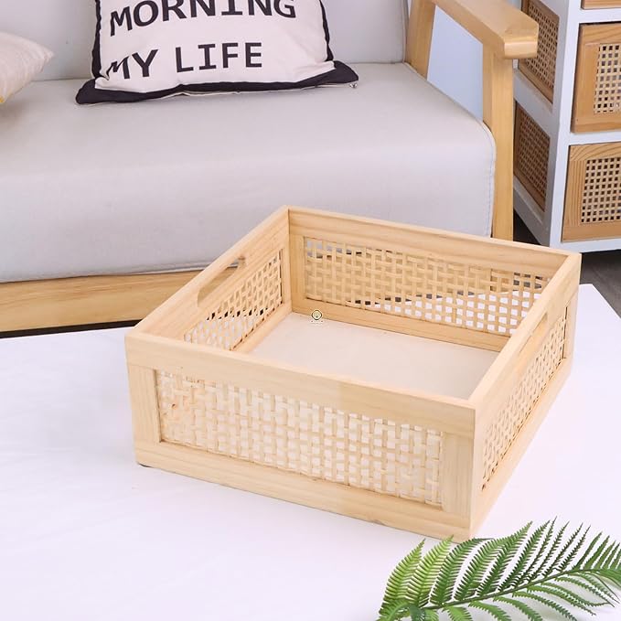 YRMT Wood Storage Crate Basket Rustic Wooden Storage Container for Organizing Decorative Bamboo Box with Handles for Pantry, Shelves Organizer 11.4" x 11.4" x 5" (Natural)