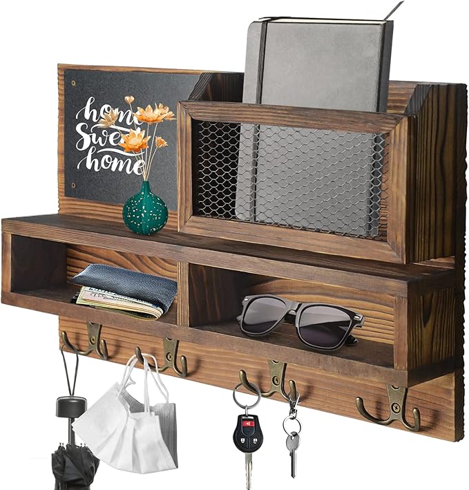 Key Holder for Wall, Mail Organizer Wall Mount with Key Hooks and Wallet Holder, Sunglasses Storage and Dog Leash Hanger, Decorative with 4 Double Hooks and Chalkboard