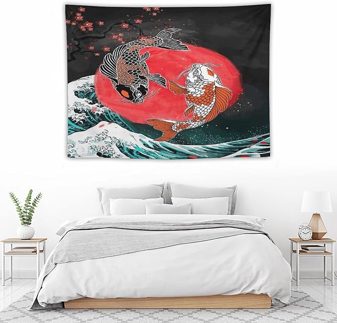 Houselerax Koi Fish Tapestries,Japanese Style Yin Yang Big Wave Cherry Blossoms Tapestry Wall Hanging for Bedroom Living Room Office Decor 40"x30"