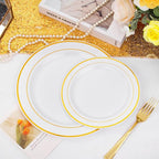 FLOWERCAT 60PCS Gold Plastic Plates - Heavy Duty White and Gold Plastic Plates Disposable for New Year/Thanksgiving Party/Wedding - Include 30PCS 10.25" Dinner Plates and 30PCS 7.5" Dessert Plates