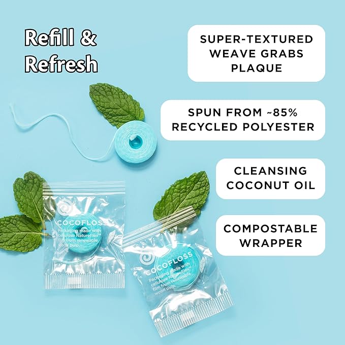 Cocofloss Woven Dental Floss, Refills Set, Dentist-Designed Oral Care, Mint, Waxed, Expanding, Vegan, Kid-Friendly String Floss with Coconut Oil, 3 Refill Spools (33 yd Each)
