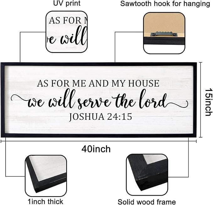 As For Me And My House We Will Serve The Lord Framed Wall Art, 40''×15'' Vintage Positive Religious Rustic Bible Verse for Christian God Jesus Christ Prayer, Horizontal Holy Catholic Scripture Decor