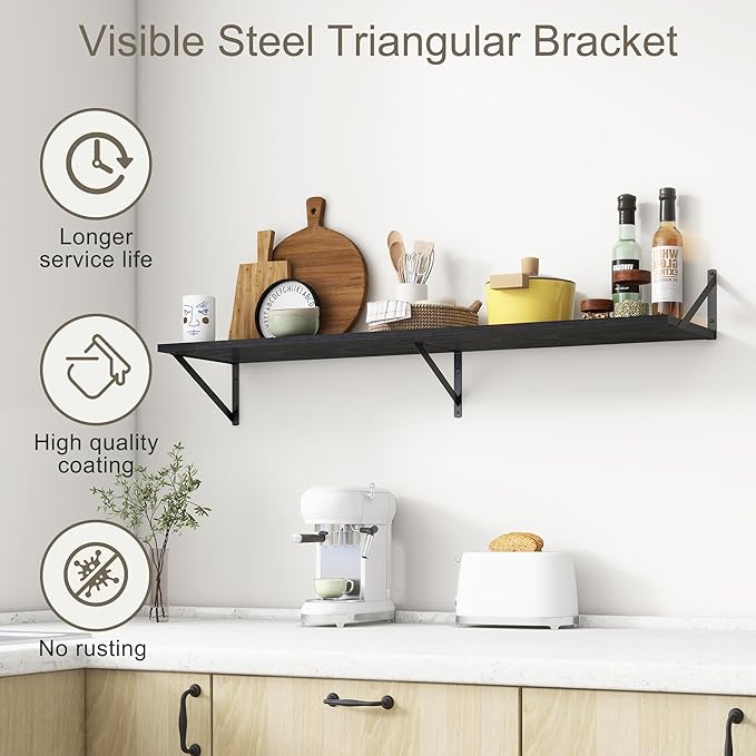12 Inch Deep Floating Shelves, Black Floating Shelves 48W x 12D, Deep Wall Shelves Bracket Set of 2, Large Display Hanging Floating Shelf for Bathroom, Living Room, Wide Storage Wooden Wall Shelf