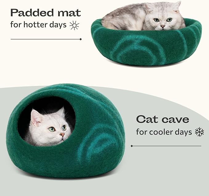 MEOWFIA Cat Cave – Premium Felt Cat Bed for Indoor Cats, Handmade 100% Merino Wool (Medium, Emerald)