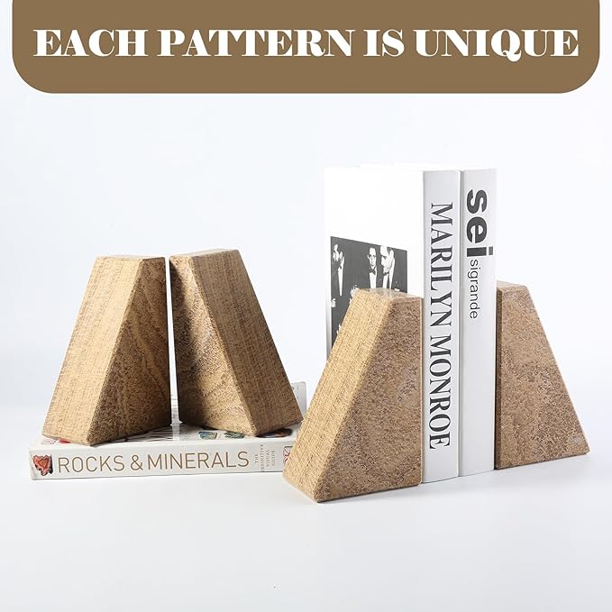 Marble Bookends for Heavy Books, Decorative Book Ends for Shelves, Unique Marble Stone Durable and Heavy Book Ends for Hardback Books & CDS, Book Stopper/Holder, Set of 2(Moca Jade)