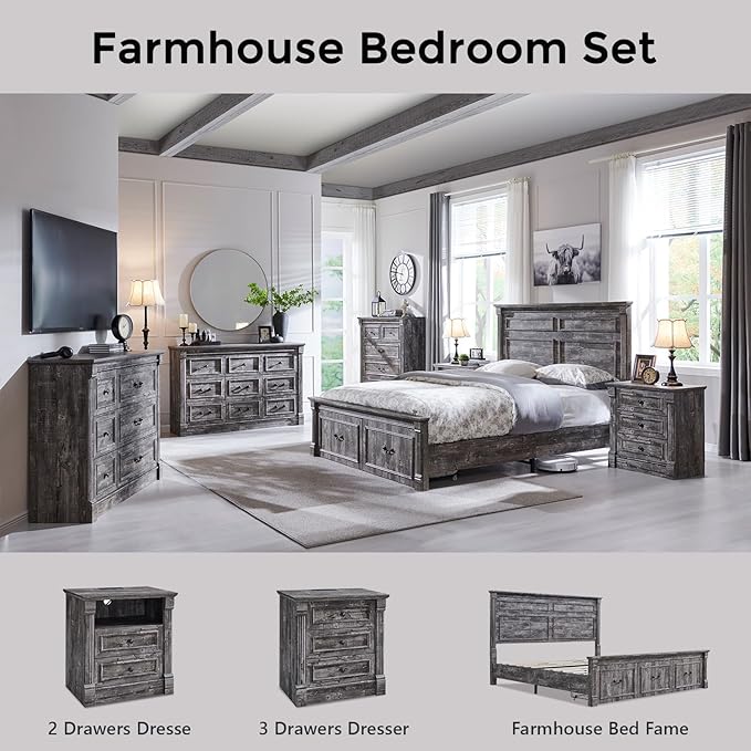 26" Tall Farmhouse Nightstand, 3 Drawers End Table w/Charging Station, 23.6" Wide Large Side Table w/Roman Column, Wood Rustic Sofa Table for Bedroom, Light Gray