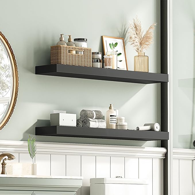 HOOBRO Floating Shelves for Wall, Wall Mounted Shelf Set of 2, 31.5" Hanging Shelf with Invisible Brackets, for Wall in Bathroom, Bedroom, Toilet, Kitchen, Living Room, Office, Black BK80BJP201