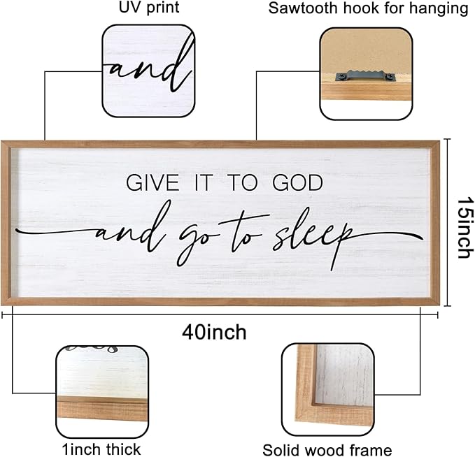 Give It to God and Go to Sleep Decorative Rustic Sign & Plaque Framed Wall Art for Couples, 40''×15'' Vintage Cottagecore Wooden Horizontal Wall Decor Above Bed, Farmhouse Wedding Gift for Bedroom