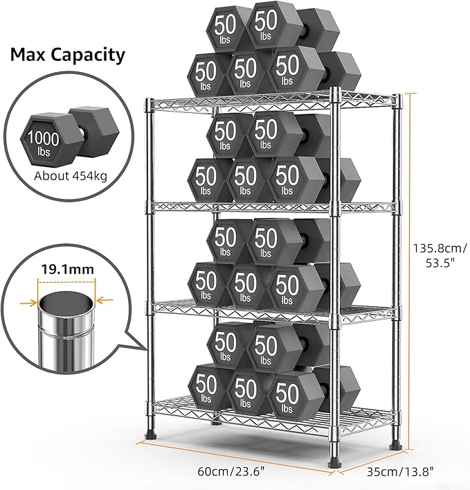1000 lbs Storage Shelving 4-Tier Utility Shelving Unit Steel Organizer Wire Rack for Home,Kitchen,Office,Chrome (13.7" D x 23.6" W x 53.4" H)