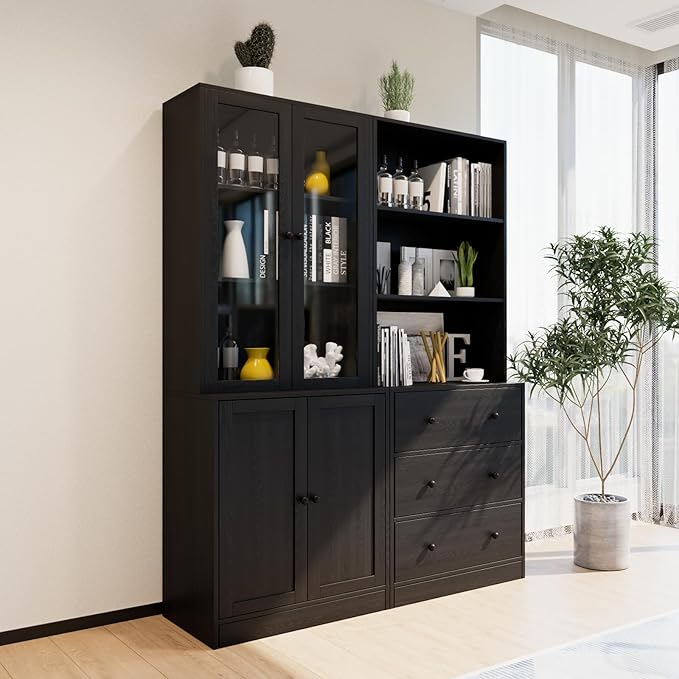 TUSY 71" Bookshelf Bookcase, 3-Tier Modern Bookshelves 3 Large Drawer, Wood Filing Cabinet with Open Storage Shelf, Glass Doors 5-Tier Fixed Storage Shelves for Home Office (Black)