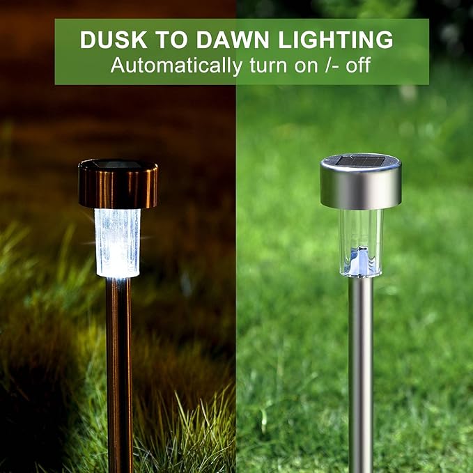 Solar Lights Outdoor Waterproof, Stainless Steel LED Landscape Lighting, Solar Garden Lights Solar Powered, Outdoor Solar Lights for Yard, Pathway, Walkway, Patio , Lawn - 12 Pack ( Cold White )