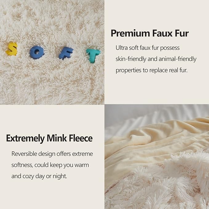 GONAAP Fuzzy Faux Fur Throw Blanket Queen Size Ivory Super Soft Cozy Plush Fuzzy Shaggy Blanket for Couch Sofa Bed (Ivory, Queen(90"x90"))