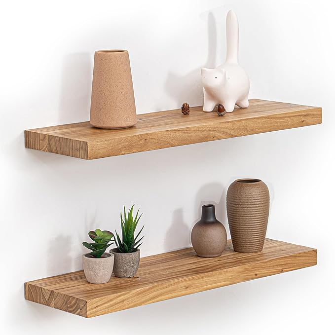 Fun Memories Floating Shelves for Wall, 24 Inch Floating Shelves Wall Mounted, Rustic Elm Wood Shelf, Heavy-Duty Storage Shelves for Books, Bathroom, Kitchen, Natural Finish, Set of 2