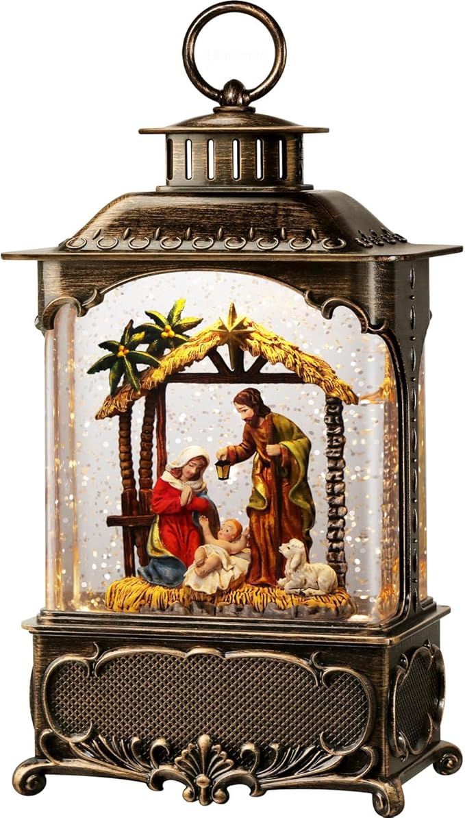 Nativity Snow Globe Lantern Christmas Decorations Gifts Auto Snowfall Glitter Music Collection Manger Sheep Pen Nativity Scene with 6H Timer USB/Battery Powered 10.2 inch