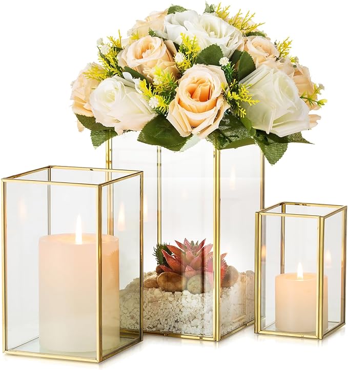 Glass Hurricane Candle Holder Large - Hewory 3pcs Gold Rectangle Flower Holders Centerpiece for Table, Tall Floor Square Pillar Candle Lantern for Wedding, Anniversary, Party, Fireplace, Dining Room