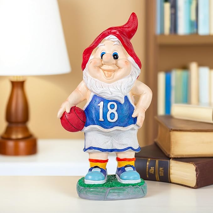 Outdoor Garden Sculpture Sports Garden Gnome with Basketball, 9.5 Inch Decorative Resin Statue, Red and Blue Jersey, Indoor Outdoor Decor A for Basketball Enthusiasts