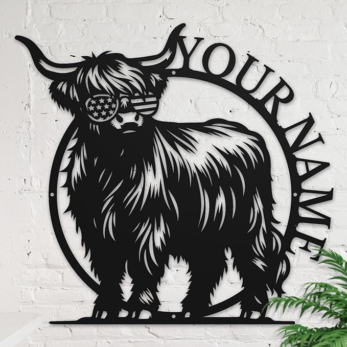 Personalized Highland Cow Name metal Signs,Custom Highland Cow Metal Shed Wall Decor,Black Metal Wall Art Plaques Outdoor wall Decorative Signage (Style G)