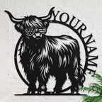 Personalized Highland Cow Name metal Signs,Custom Highland Cow Metal Shed Wall Decor,Black Metal Wall Art Plaques Outdoor wall Decorative Signage (Style G)