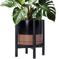 D'vine Dev Ceramic Planter with Ebony Stand - 12 Inch Modern Round Flower Pot with Wood Planter Holder, Black/Speckled Tan, 55-B-H-7