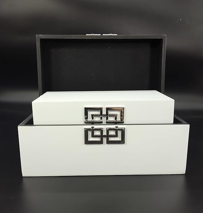 Galt International Storage Box Set Decorative Storage Box w/Hinged Lid Classic Design Wood Decor Boxes with Geometric Clasp Storage for Bedroom & Home - Set of 2 (White & Silver)