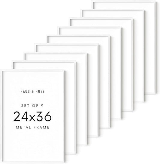 HAUS AND HUES 24x36 White Metal Picture Frames - Features Premium Aluminum, Vertical & Horizontal Hang, Shatterproof Plexiglass - Ideal for Home, Room, Office (24x36 in, White, Set of 9)