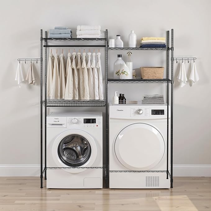 VEVOR Over The Washer and Dryer Storage Shelf, 4 Tier Laundry Room Drying Rack with Hanger Rod and Hooks, Adjustable Over Washer and Dryer Shelves, Laundry Room Shelf Storage Space Saver, Black