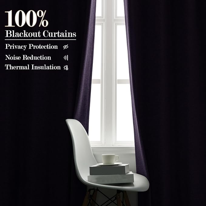 Violet Pinch Pleat 100% Blackout Drapes Linen Blend, Room Divider, Room Darkening, Energy Saving, Furniture Protecting, Light Blocking Extra Wide Privacy Curtains, 200Wx102L, 1 PC