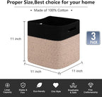 OIAHOMY Cube Storage Basket, 3-Pack Woven Cotton Rope Baskets for Storage, 11-Inch Cube Basket with Handles, Great for Shelves, Closets, Children's Toy Storage and Organization-Black & Brown