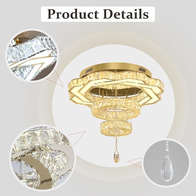 Flashing God Modern Crystal Chandeliers Dia 24" Gold Chandelier Flush Mount Ceiling Light for Bedroom Living Room Dining Room Hallway Dimmable 3 Rings LED Celing Lighting Fixtures