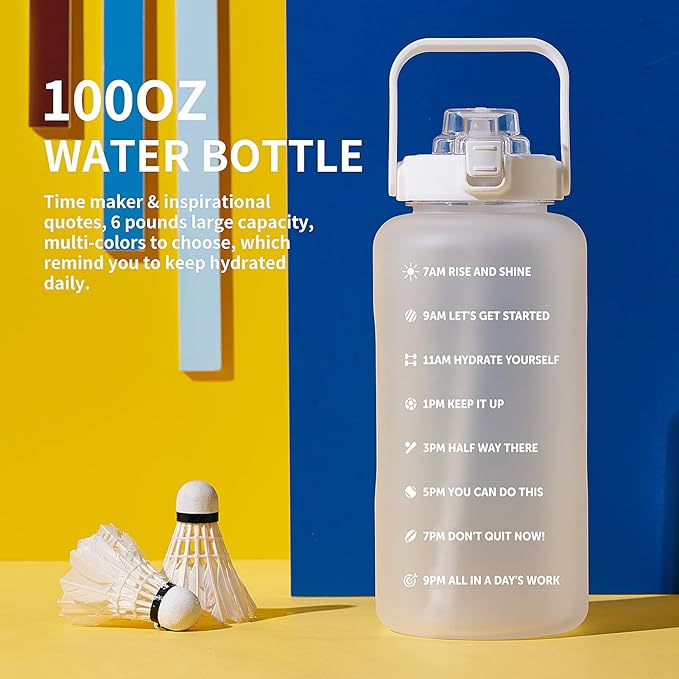 64oz,100oz,128oz Large Motivational Water Bottle with Time Marker, Leakproof & BPA Free Half Gallon Big Water Bottle with Straw Handle Tritan Frosted Water Jug for Gym,Fitness,Outdoor Sports
