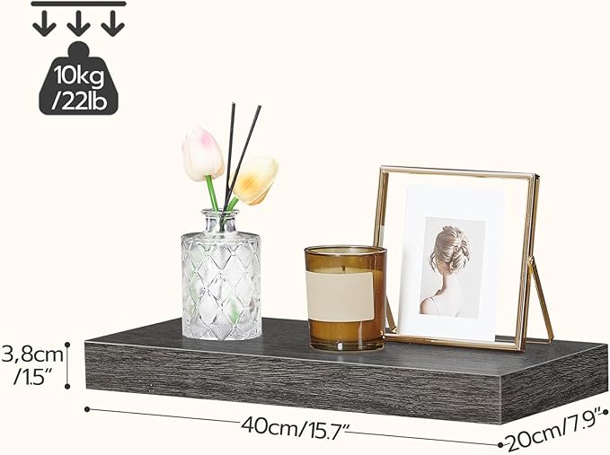 HOOBRO Floating Shelves for Wall, Wall Mounted Shelf Set of 2, 15.7" Hanging Shelf with Invisible Brackets, for Wall in Bathroom, Bedroom, Toilet, Kitchen, Living Room, Office, Charcoal Gray BC40BJ01