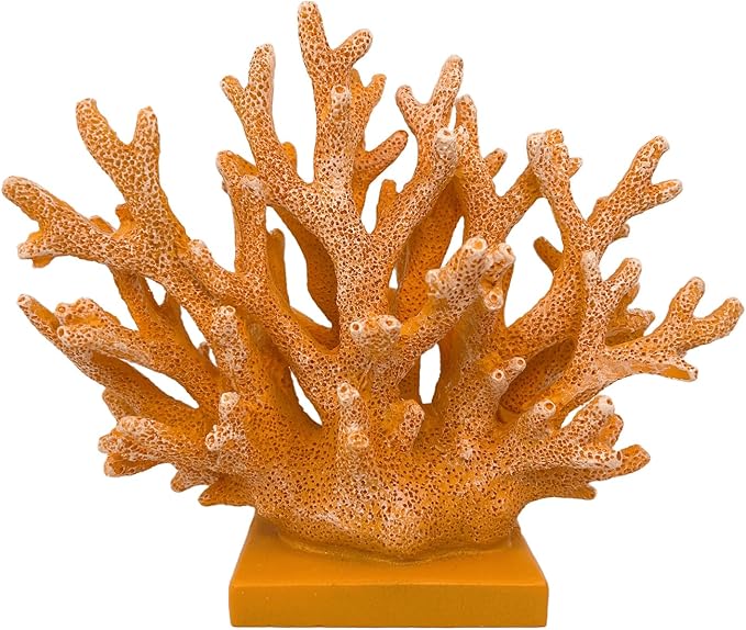 5.8" H Orange Coral Decor - Resin Coral Statue, Nautical Decor for Home, Bedroom, Bathroom, Living Room, Ocean Themed Cabinet Shelf Tabletop Decoration