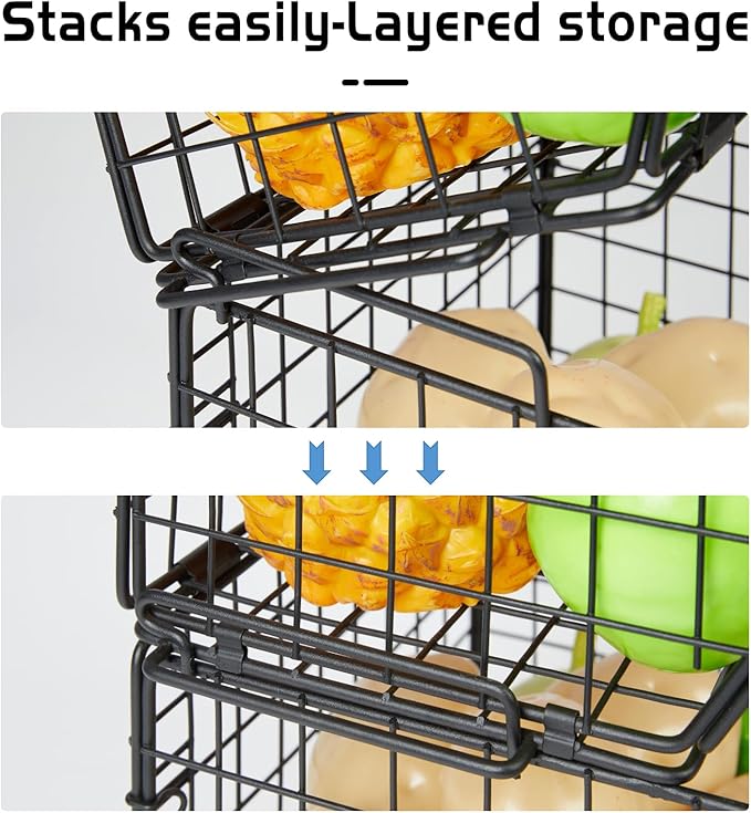 X-cosrack 2-Tier Stackable Wire Baskets for with Wood Lid, Wall Hanging Baskets for Potato and Onion Storage, Fruit Basket for Kitchen Counter, Metal Baskets for Snack Produce Cans