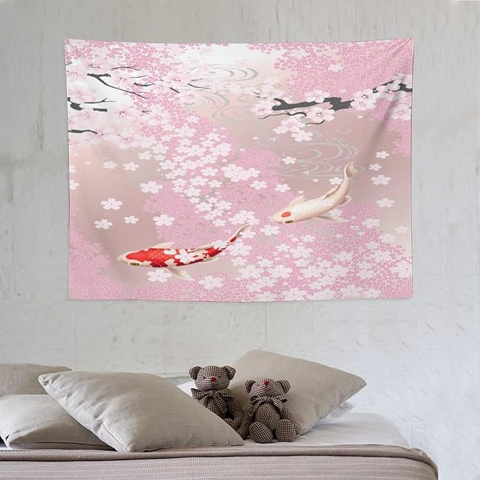 Houselerax Japanese Koi Fish Tapestry, Cherry Blossoms Asian Oriental Pink Flower Branch Koi Fish Carp Tapestries Wall Hanging for Bedroom Living Room Office Decor 40"x30"