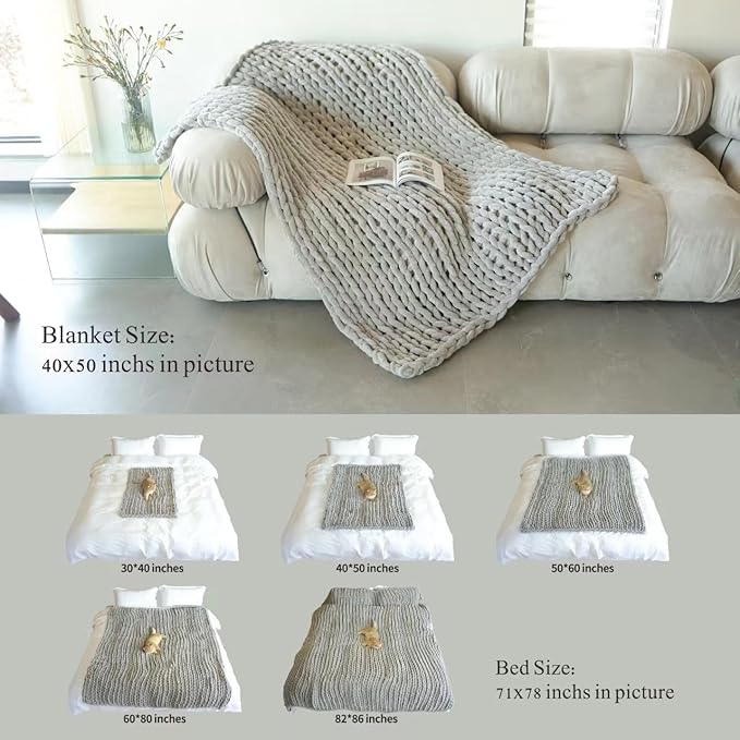 Maetoow Chenille Chunky Knit Blanket Throw （40×50 Inch）, Handmade Warm & Cozy Blanket Couch, Bed, Home Decor, Soft Breathable Fleece Banket, Christmas Thick and Giant Yarn Throws, Grey