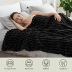 Amélie Home Faux Fur Throw Blanket for Couch, Cozy Fuzzy Fluffy Fur Luxurious Soft Striped Plush Gift Blankets for Family Sofa Chair Bed Living Room Bedroom, 55"x70", Black