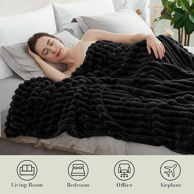 Amélie Home Faux Fur Throw Blanket for Couch, Cozy Fuzzy Fluffy Fur Luxurious Soft Striped Plush Gift Blankets for Family Sofa Chair Bed Living Room Bedroom, 55"x70", Black