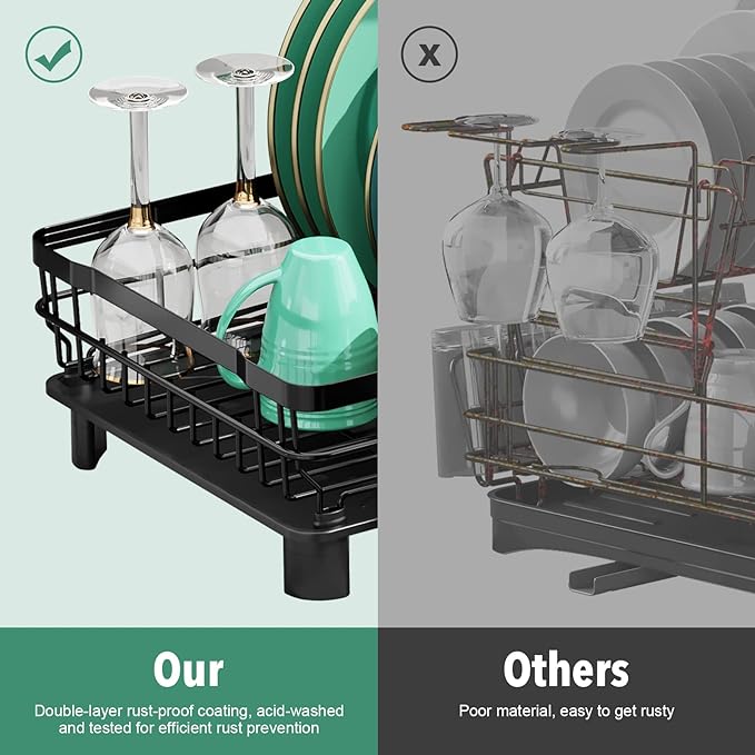 MOUKABAL Dish Drying Rack, Dish Rack, Stainless Steel Dish Racks for Kitchen Counter, Dish Drainer with Removable Utensil Holder, Drainboard (Black)