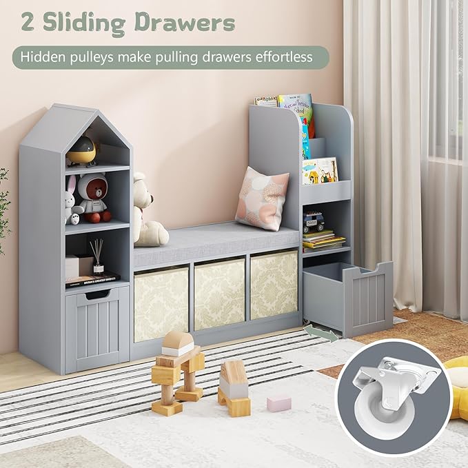 Vabches Toy Storage Organizer for Kids Bookshelf with Reading Nook, Multifunctional Bookcase with 7 Storage Cubbies, 2 Movable Drawers and Seat Cushion for Keeping Kids' Toys Books Organized, Grey