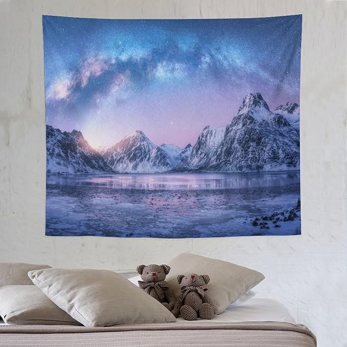 HZOHNAGO Mountain Tapestry Aurora Snow Mountain Sunset Pattern Printed Wall Tapestry Wall Hanging for Bedroom Living Room Dorm 60" W x 50" H